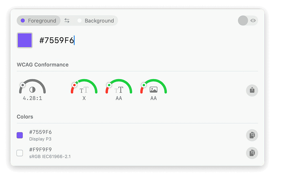 The Contrasts app displaying information about the foreground and background color used for WCAG color contrast calculation.